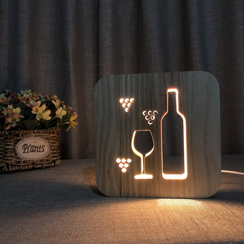 USB 3D LED Wood Night Light  Cross  Animal Tea Style Luminaria Fashion Lamp For Living Room Coffee Shop Dining Room Home Decor