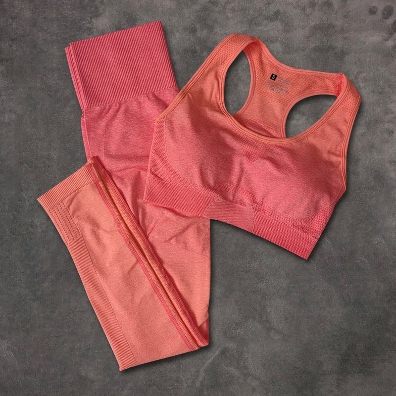 Sport-Outfit für Frauen, Fitnessstudio, Yoga-Set, Fitnesskleidung, Ombre, nahtlos, Sportleggings + Sport-BH, 2-teilig, Laufsportbekleidung