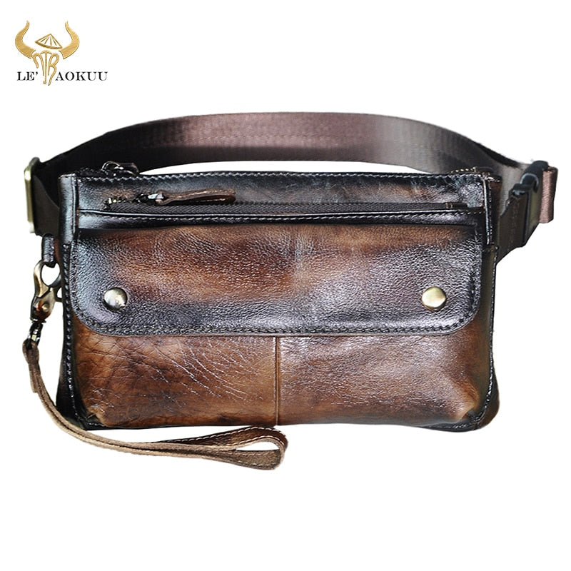 Cowhide Leather men Casual Fashion Travel Fanny Waist Belt Bag Chest Sling Bag Design Bum 7&quot; Phone Case Pouch Male 8136-G