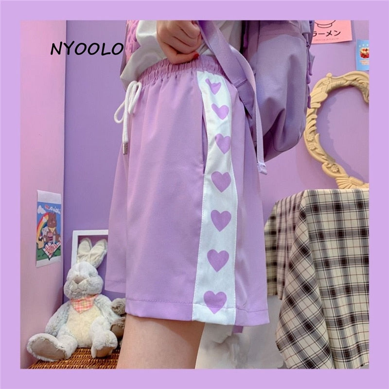 NYOOLO Harajuku estilo amor corazón estampado patchwork cintura alta pantalones cortos mujeres 2020 verano cintura elástica cordón dulce niñas pantalones cortos