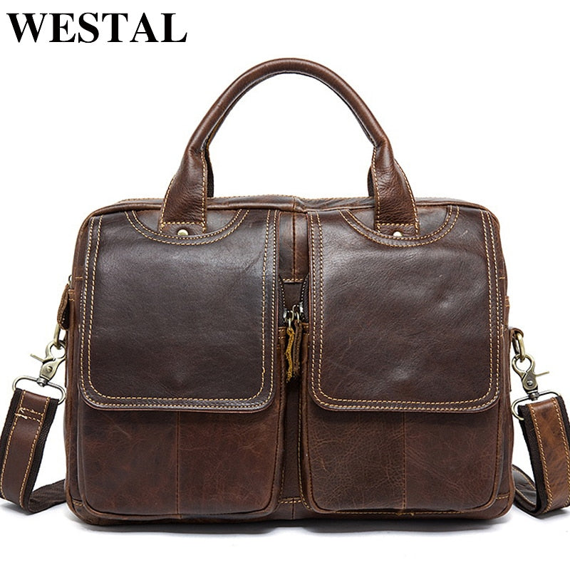 WESTAL Men&#39;s Bag Genuine Leather Men&#39;s Briefcases Laptop Bag Leather Totes for Document Office Bags for Men Messenger Bags 8002