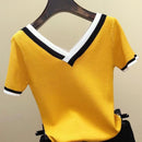 V-Neck Short Sleeve Shirt Women Contrast Color Striped Knitted 2023 Summer Tops Shirt Korean Clothes Femme Camisetas Mujer 13362
