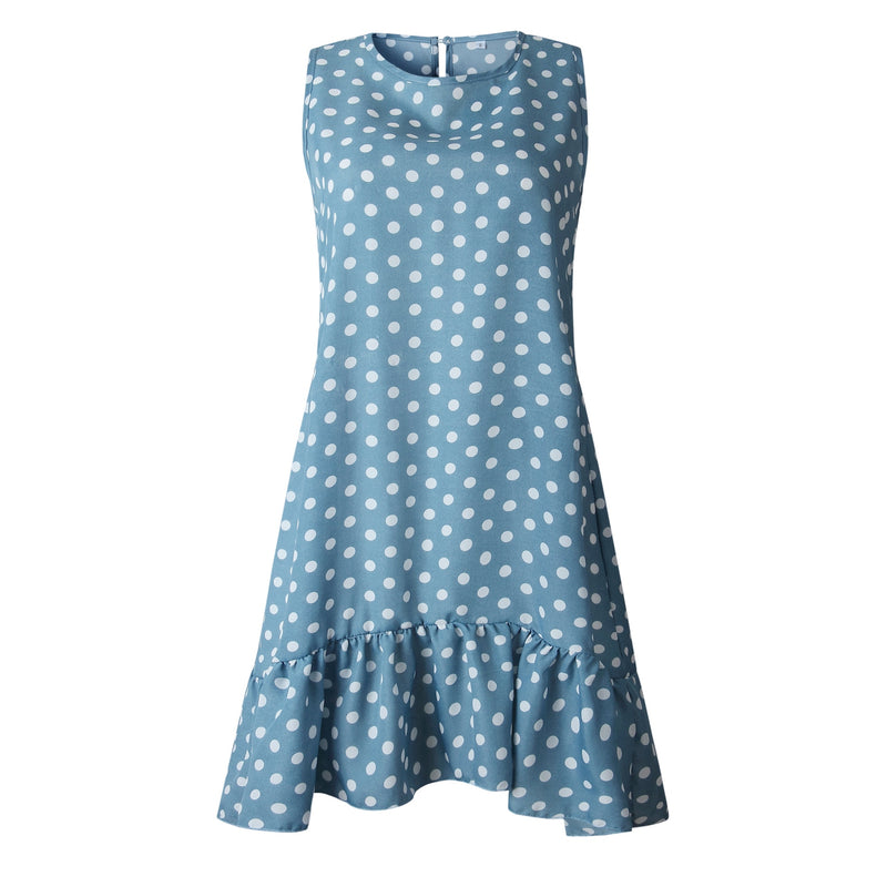 Sommerkleid Frauen Welle Punkt gekräuselte Polka O Hals ärmellos Casual Strand Sommerkleid transparent weiblich plus Größe vestidos 2020