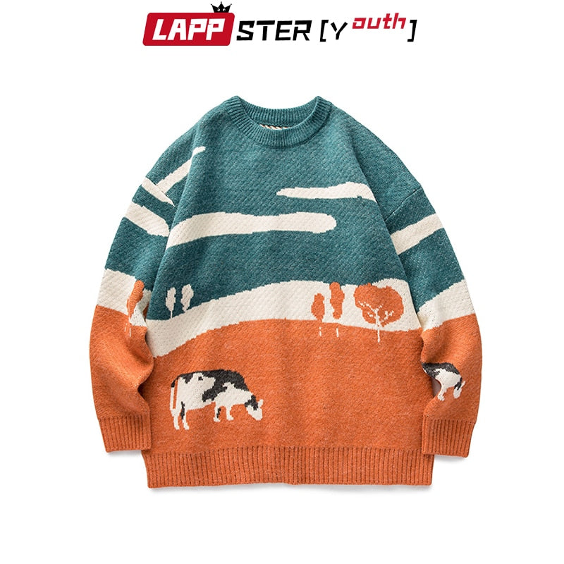 LAPPSTER-Jóvenes Hombres Vacas Vintage Suéteres de invierno 2022 Pullover Hombres O-cuello Moda coreana Suéter Mujeres Casual Harajuku Ropa