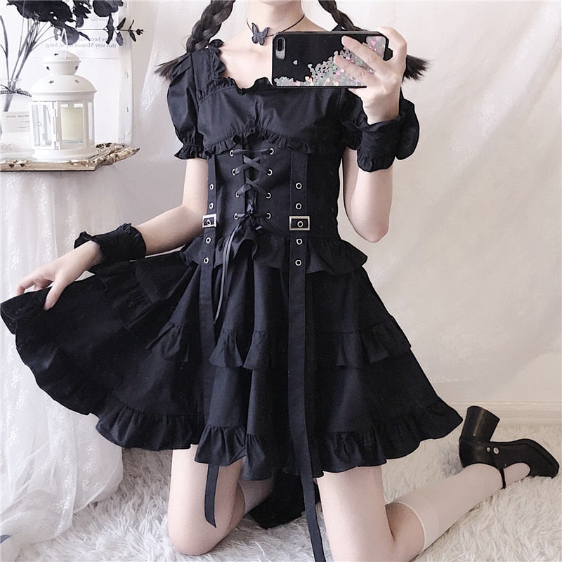 Viktorianisches Renaissance Schwarzes Gothic Lolita Kleid Japanisches Mädchen Vintage Punk Stil Puffärmel Bandage Minikleid Damen Kleider
