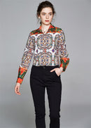 Sommer Damen Schlanke Blusen Tops Barock Print Runway Langarm Shirt Damen Kragen Elegante Vintage Büro Shirts Arbeitskleidung