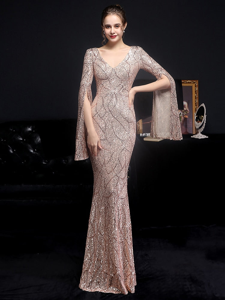 Gold Sequin Evening Dress Women Long Sleeve Dress YIDINGZS Elegant Party Maxi Dress Long Prom Dress