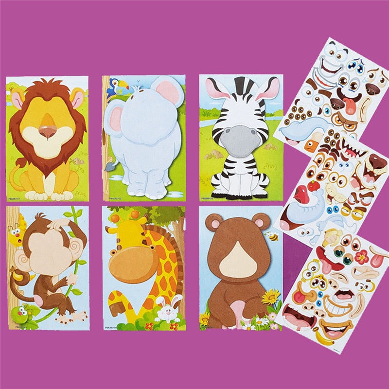 9pcs/set Stickers DIY Cute Stickers Children Puzzle Games Make-a-Face Princess Animal Dinosaur Assemble Toys for Girls Training
