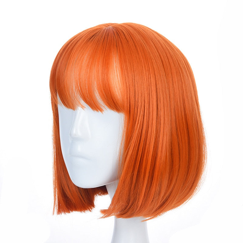 Women Orange Short Cosplay Wig with Bangs BOb Hairstyle  Heat Resistant Fiber Synthetic Straight Hair