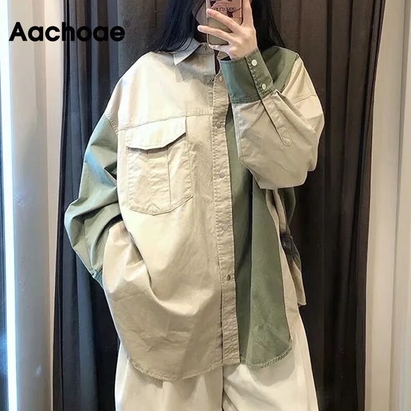 Aachoae 2021 Autumn Women Shirt Jakcet Coat Boyfriend Patchwork Jacket Loose Long Sleeve Cotton Coat Ladies Streetwear Tops