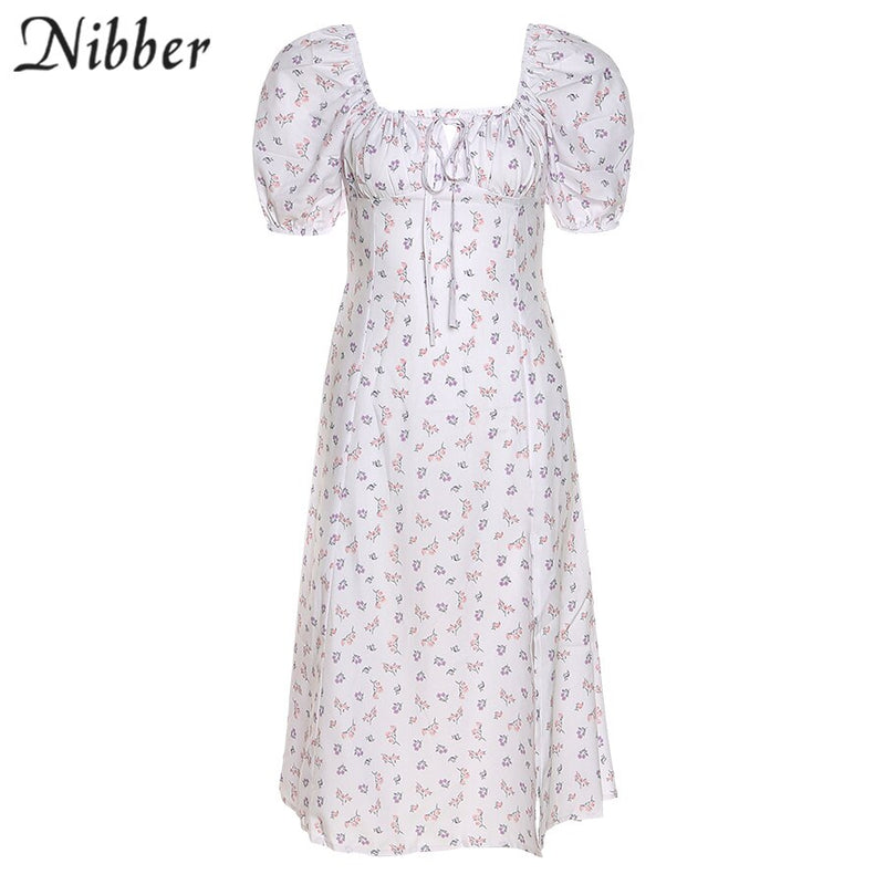 Nibber Y2k French Romance Retro low cut Dresses Women Floral Print lace up Puff Sleeve Side Slit Midi Dress Vacation Beachwear