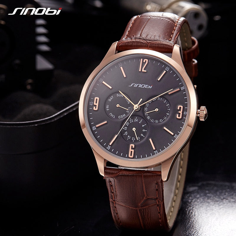 SINOBI 2021 Men's Wrist Watches Calendar Week Date Function Leather Strap Business Males Geneva Quartz Clock Relogio Masculino
