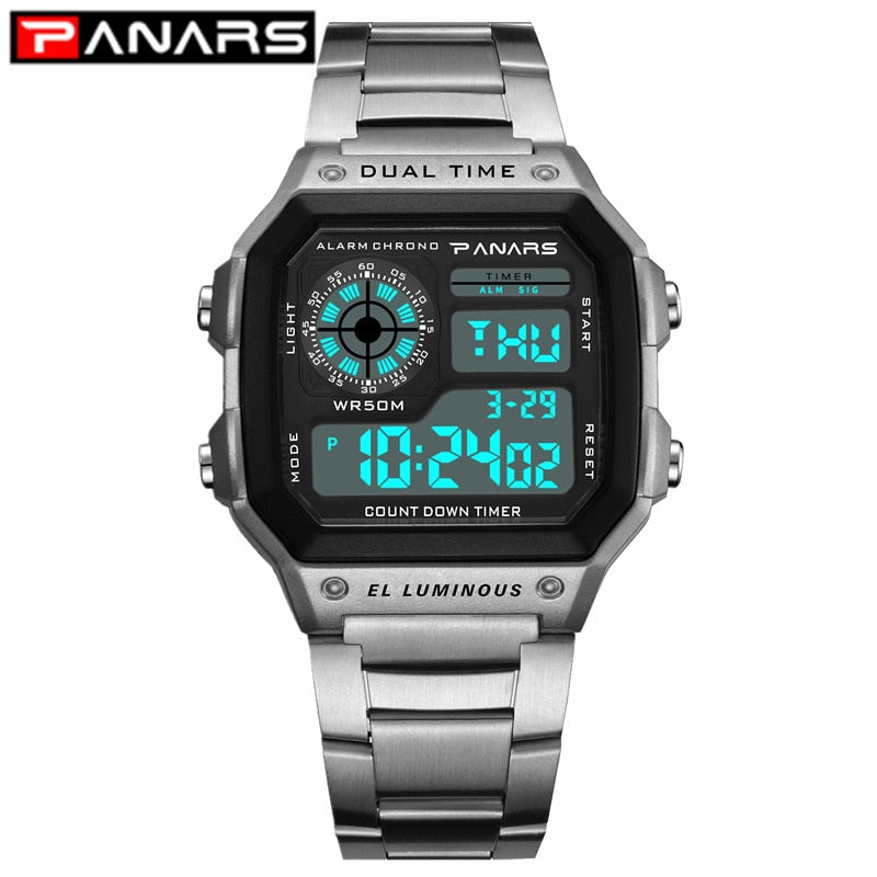 PANARS Reloj Deportivo Digital para hombre, Reloj deportivo resistente al agua hasta 50M, Relojes de pulsera de acero inoxidable, Relojes Deportivos Zegarek