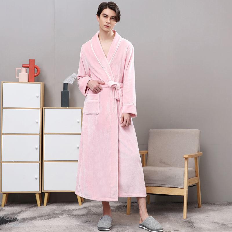 Men Plus Size 3XL Flannel Kimono Bath Gown Ultra Long Large Robe Coral Fleece Nightgown Lovers Couple Thick Warm Sleepwear MR001