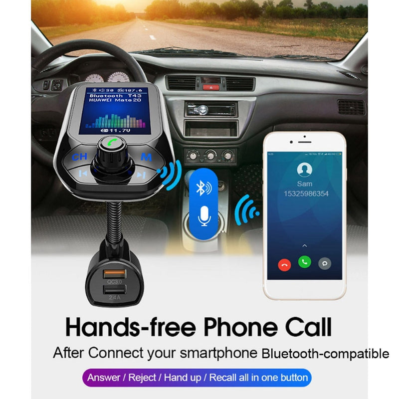 Transmisor FM Bluetooth-compatible V5.0 Coche AUX USB Reproductor de MP3 Kit manos libres inalámbrico para coche con cargador rápido QC3.0 3 puertos USB