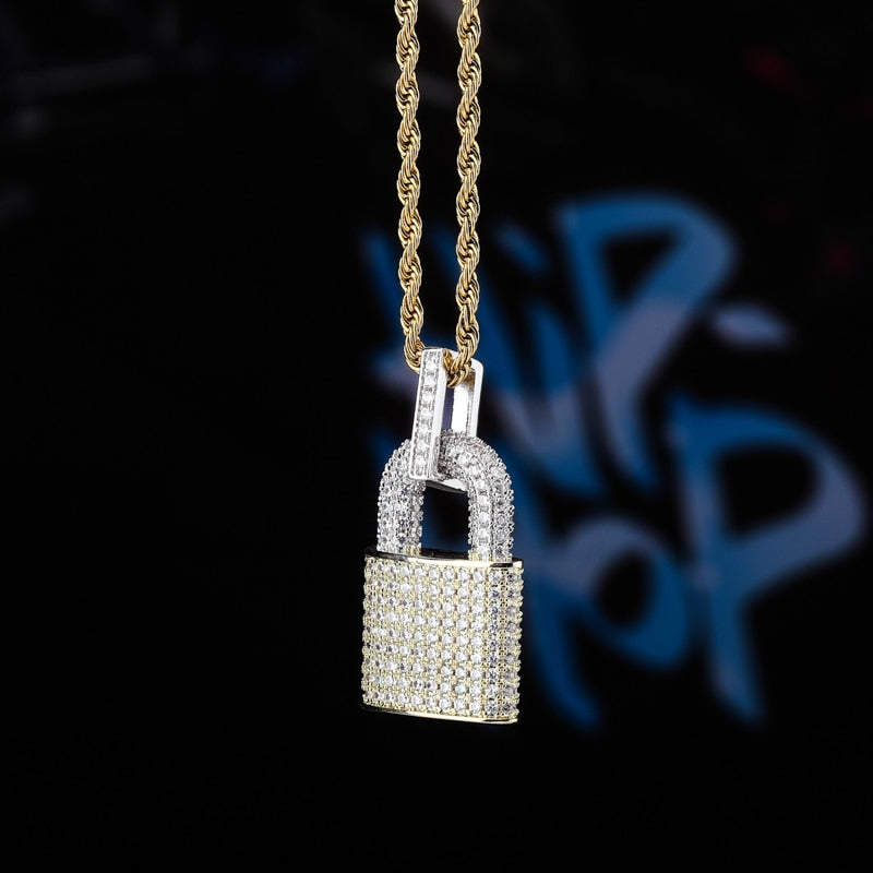 TOPGRILLZ Hip Hop Bling Lock Pendant Iced Out Bling Cubic Zircon Necklace For Men Jewelry Charm