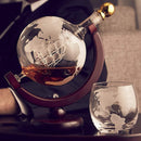 Whiskey Decanter Globe Set with 2 Etched Globe Whisky Glasses & Oval Solid Wood Tray Excellent Gift for Man