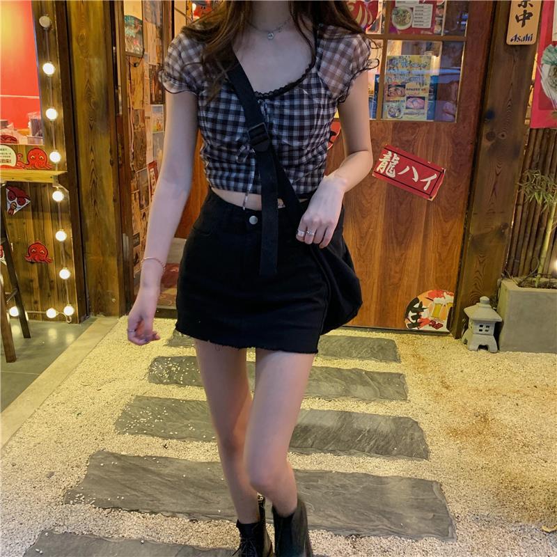 2021 Summer New Plaid Tshirts Women Retro Square Collar Shirt Casual Lace Tees Puff Sleeve Y2k Crop Tops Female Korean Fashion