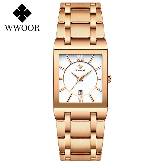 Einfache Damenuhren Mode Quadratische Quarzuhr Damen WWOOR Top-Marke Luxus Gold Damen Kleid Business Wasserdichte Armbanduhr