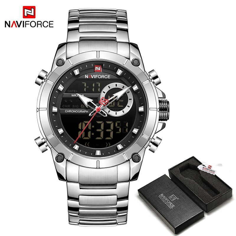 NAVIFORCE Luxus Original Herren Sport Armbanduhr Gold Quarz Stahl Wasserdicht Dual Display Uhr Uhren Relogio Masculino 9163