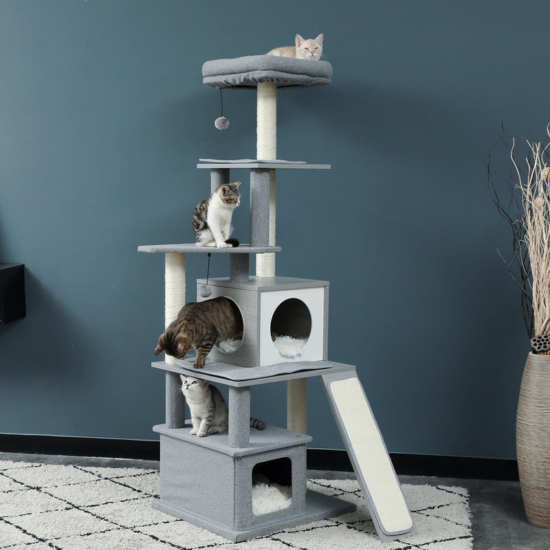 Cat Tree House Condo Cat's Activity Center con Double Condo Indoor Soft Perch Totalmente envuelto Scratching Sisal Post rascador gato