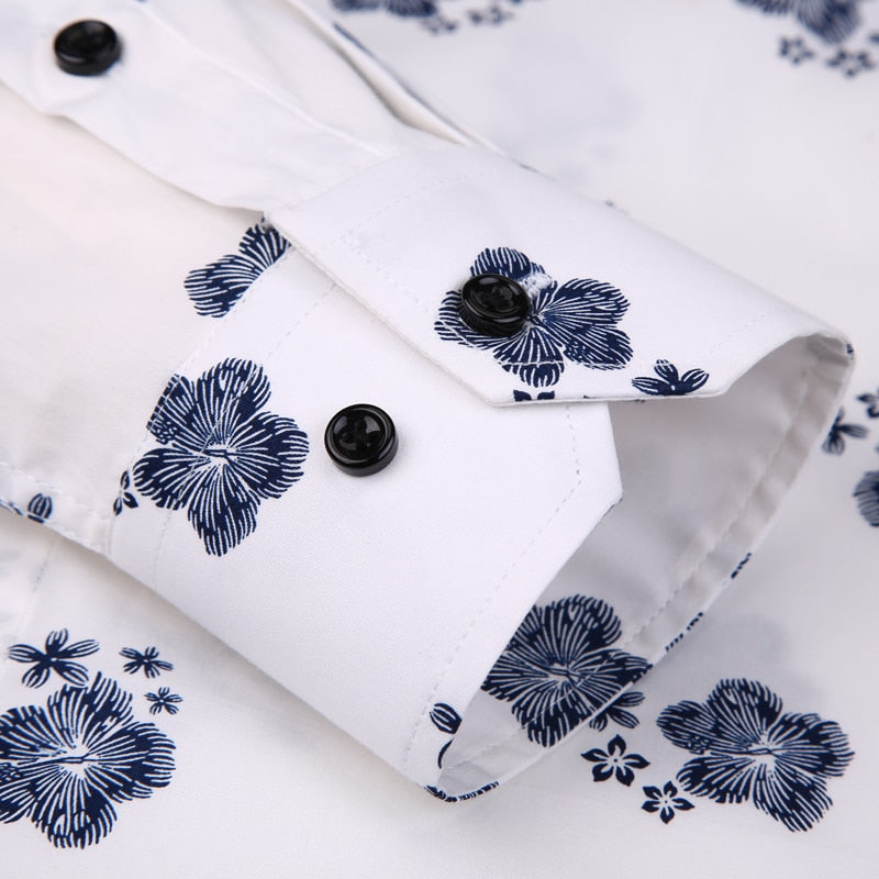 Herrenmode, langärmliges Hemd mit Blumendruck, bequemer Standard-Fit, lässig, dünnes Hemd mit Button-Down-Kragen