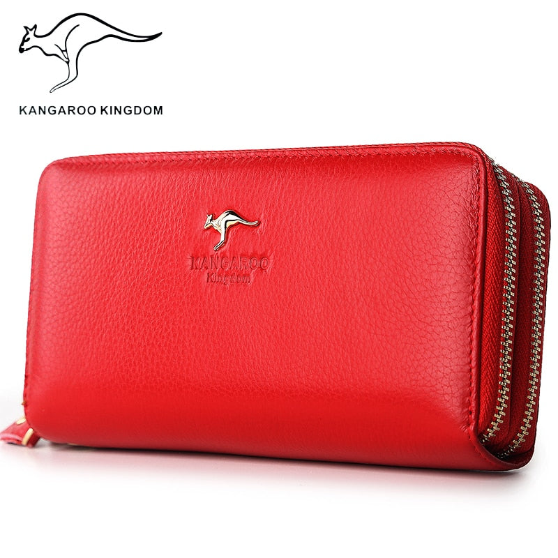 Carteras de moda para mujer de la marca KANGAROO KINGDOM de cuero genuino con cremallera larga, cartera de mano para mujer