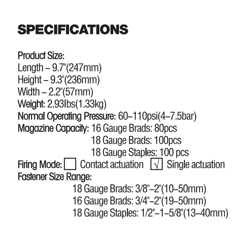 FUJIWARA 3-in-1 Carpenter Pneumatische Nagelpistole 18Ga / 20Ga Holzbearbeitungs-Lufthefter F10-F50, T20-T50, 440K Nägel Tischlerdekoration