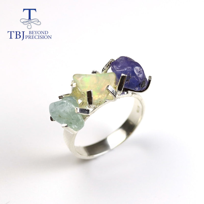 handmade 5.3ct  gemstone Rough  Ring  3 stone natural opal brazil aquamarine natural tanzanite jewelry 925 sterling silver