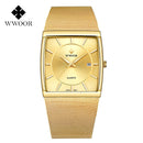 WWOOR Luxury Gold Watch Men Square Japan Quartz Slim Steel Mesh Waterproof Sports Automatic Date Wrist Watches Relogio Masculino