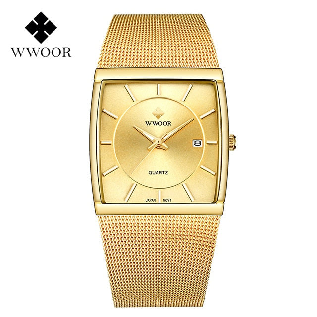Reloj de oro de lujo WWOOR para hombre, reloj cuadrado de cuarzo japonés, malla de acero delgada, resistente al agua, deportivo, automático, relojes de pulsera con fecha, reloj Masculino