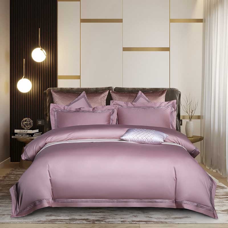 Luxus drei Linien reine Farbe ägyptische Baumwolle Bettwäsche-Sets König Queen-Size-Stickerei weiches Bett-Set Bettbezug flaches Spannbettlaken