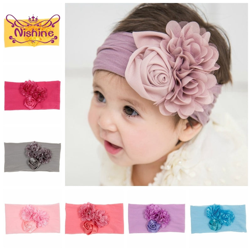 Nishine Weiches Stretch-Satin-Rosen-Blumen-Baby-Stirnband, Neugeborene, Knoten, breite Nylon-Kopftücher, Turban, Mädchen, Kopfbedeckung, Kinder-Foto-Requisiten