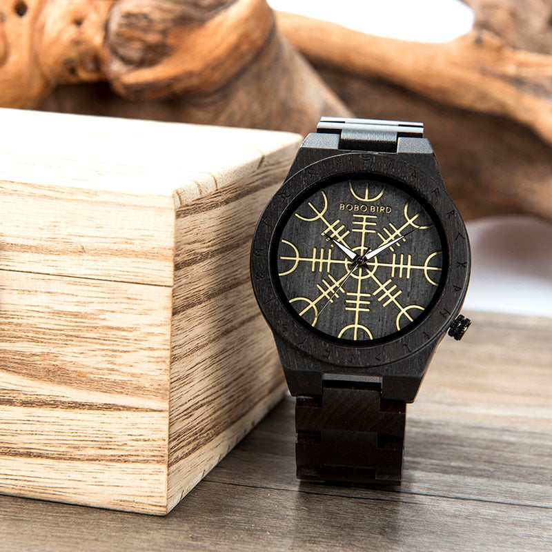 Handmade BOBO BIRD Wooden Watches Man Women Runic Circle Watch with Golden Helm of Awe Vegvisir Quartz Wristwatch Male