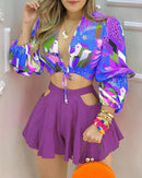 2021 Women New Colorblock Lantern Sleeve Crop Top &amp; Cutout Plain Shorts Set Summer Casual Sexy Hollow Out Shirt 2PCS Suit Sets
