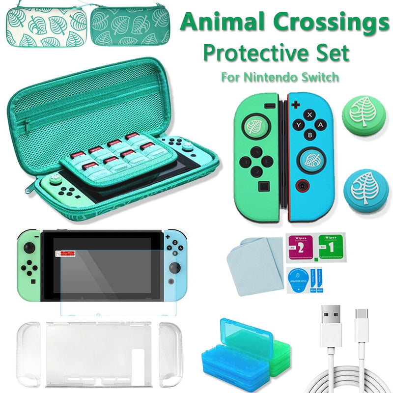 Accesorios de juego Animal Crossing para Nintendo Switch, bolsa de transporte de viaje, funda protectora, tapas de agarre de palo de pulgar, juego de cables de carga