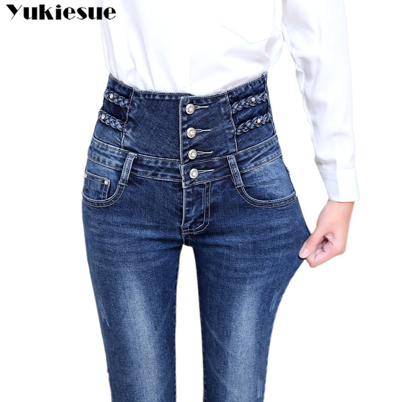 2022 autumn high waist winter warm thick ladies jeans woman button fly legging pencil pants jeans clothes stretch women jeans