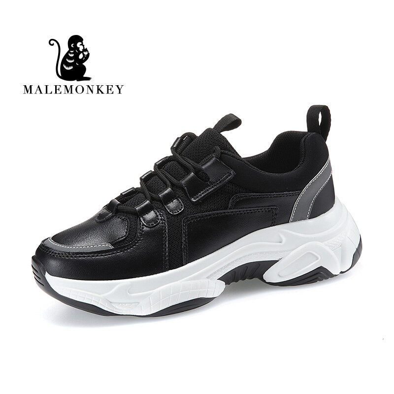 Mode Sport Casual Turnschuhe Frauen 2021 Frühling Herbst Leder Atmungsaktiv Komfortable Sneaker Plateauschuhe Frauen Schwarz