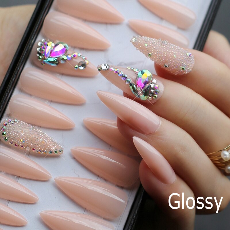 Gloss swan bling crystal fake nail nude luxury wedding party Shiny Stiletto false nails pingk diamond Irregular crystal