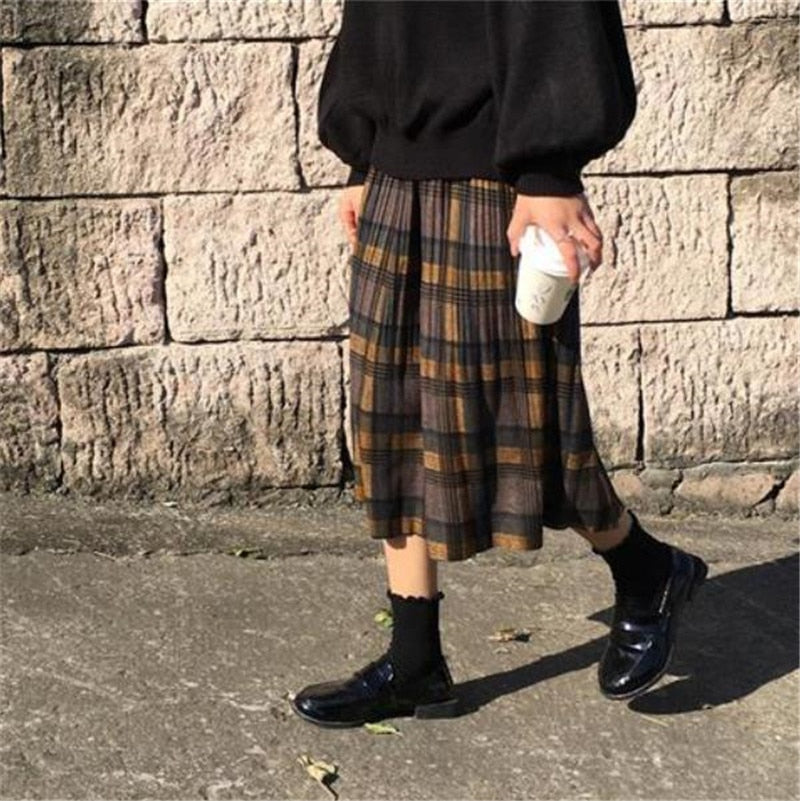 Woolen Winter Plus Size 3XL pleated plaid skirts Women Warm Vintage Long skirts Ladies Office Harajuku Midi skirts Streetwear