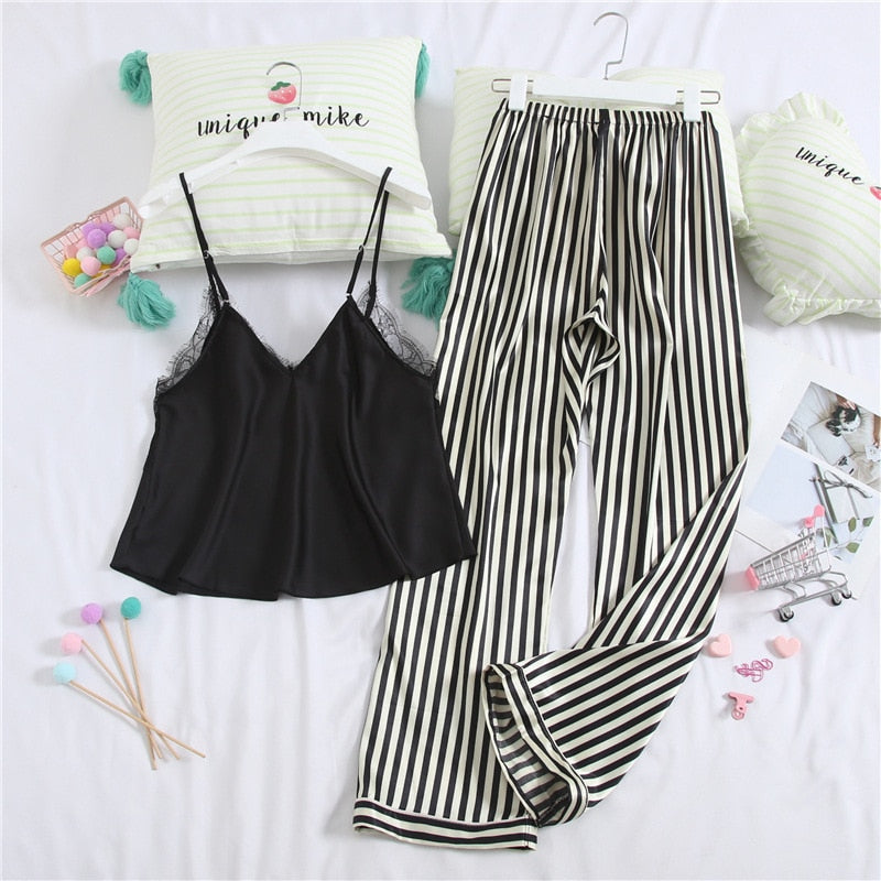 Lisacmvpnel Satin Stripe Women Pajamas Spaghetti Strap Pants Set Pyjamas