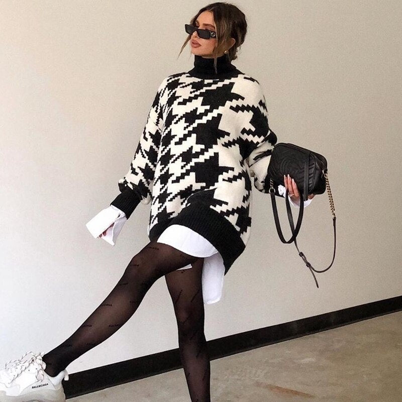 Autumn Winter Long Sleeve Oversized Sweater Women Turtleneck Black Casual Knitted Houndstooth Pullover Sweater Top Loose Jumpers