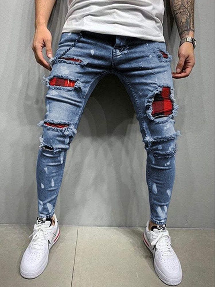 ¡Novedad de 2022! Pantalones vaqueros rasgados ajustados para hombre, pantalones vaqueros pintados con parche, pantalones de mendigo, pantalones Jumbo de Hip Hop para hombre, talla S-4XL