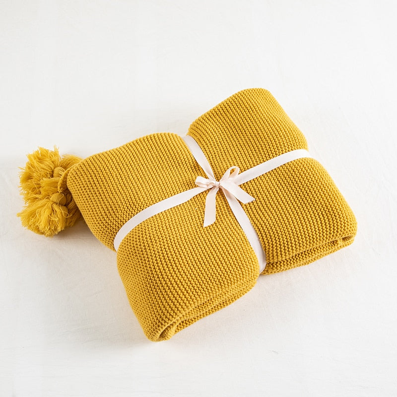 Yellow Blanket Sofa Knit Throw Blanket Solid Soft PomPom Tassels Blanket Travel 130x160cm Home Sofa Chair Couch Bed  50"x62"