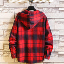 Casual Brand With Hooded Plaid Shirt Men'S Fleece Red Shirts Long Sleeves 2022 New Spring Autumn Plus OverSize M-6XL