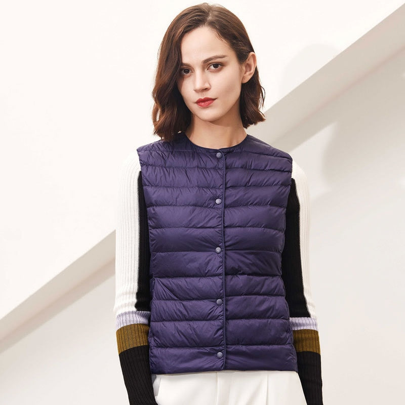 Women White Duck Down Vest Soft Ultra Light Jacket Winter Weightless Round Collar Portable Winter Sleeveless Warm Liner Button