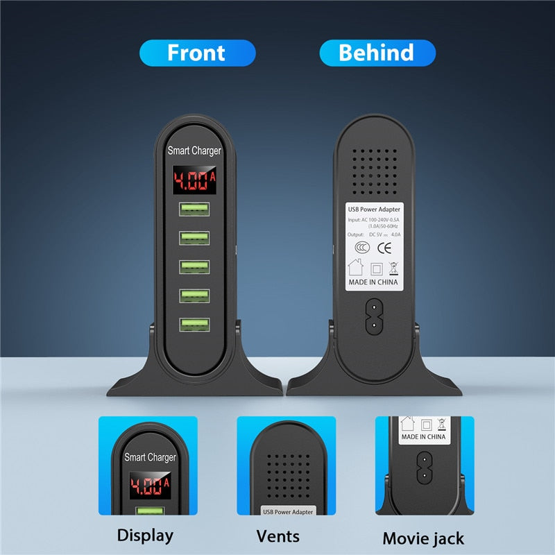 USLION USB Charger 5 Port LED Display Multi USB Phone Desktop EU US UK Plug With Digital Display Travel Wall Charger Adapter