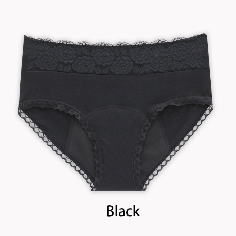 VIP cuatro capas de ropa interior menstrual negra a prueba de fugas, bragas de período fisiológico transpirables con bordado de rosas de encaje para mujer