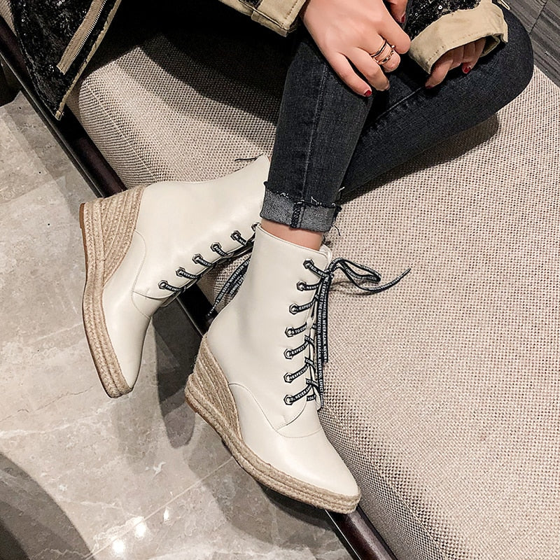 Women Wedge Ankle Boots Casual Lace Up Low Heels Female Platform Shoes Ladies Gladiator Short Botas Large size Footwear Mujer