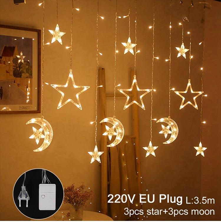 Eid Mubarak Star Moon Led cortina guirnalda luces Ramadán decoración Islam musulmán fiesta decoración Eid Al Adha regalos Eid luces